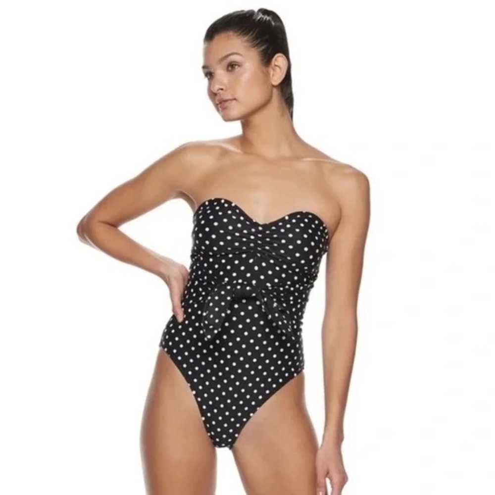 WeWoreWhat Capri One Piece Strapless Black White Polka Dot Front Tie Swimsuit XL